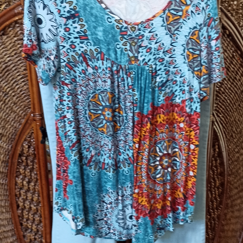 Gloria Vanderbilt Light Blue Jeans and Teal/Red Mandala Blouse